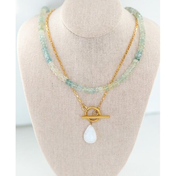 Stunning Moonstone Pendant Necklace 18K WATERPROOF Gold Chain with Toggle clasp - Picture 5 of 12